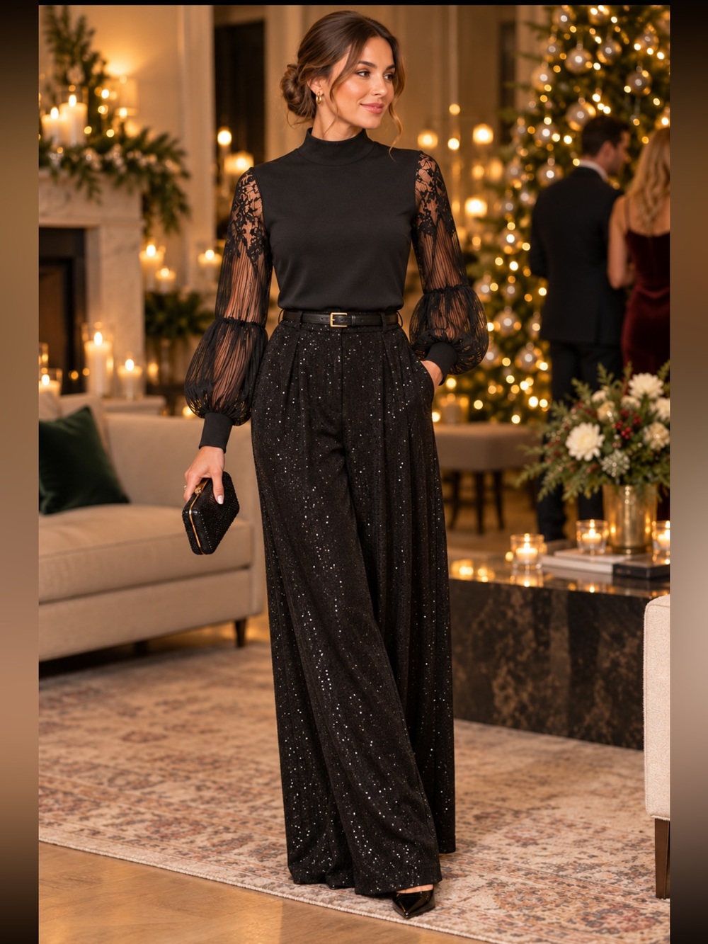 Lace balloon  sleeve Black Mock Neck holiday Top